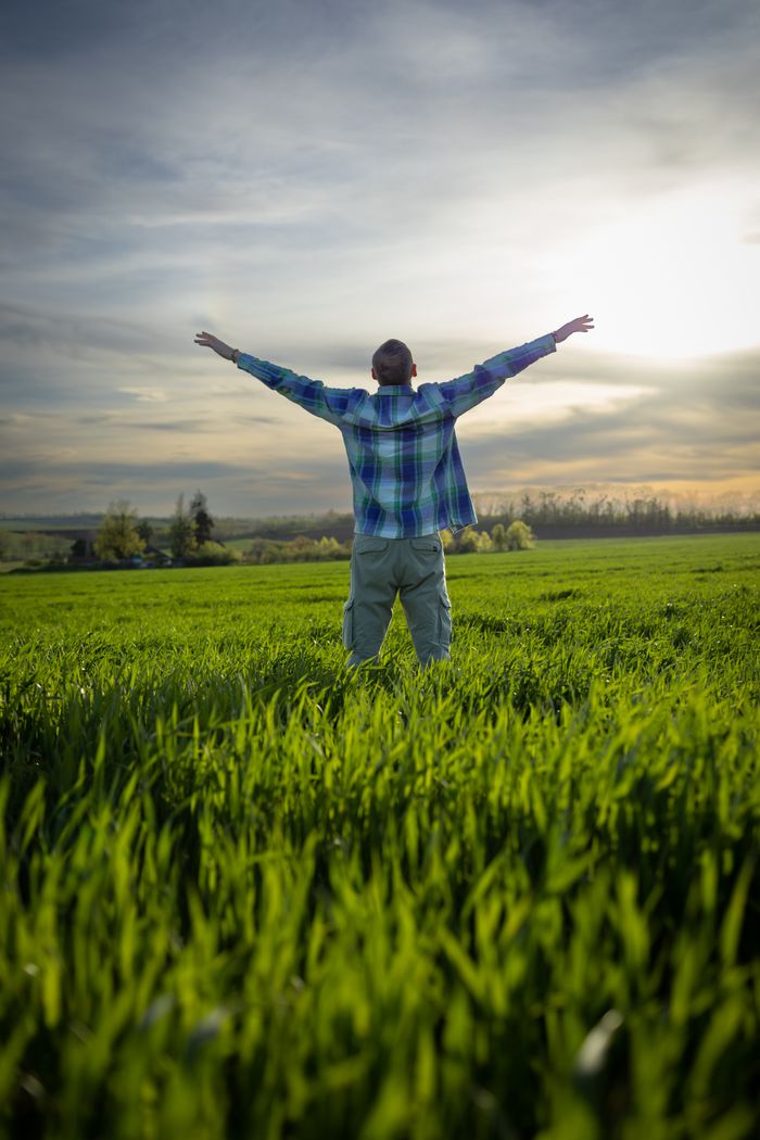 Offerings A person stands in a lush field with arms outstretched, celebrating freedom and nature at sunset.