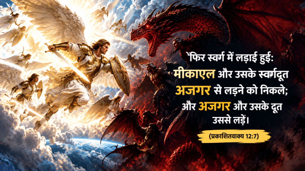 Revelation 12:7-9 प्रकाशितवाक्य 12:7-9, स्वर्ग में युद्ध, War in Heaven Hindi, Michael and the Dragon, Shaitan ka Patan, दिन 22 देवोशनल हिन्दी