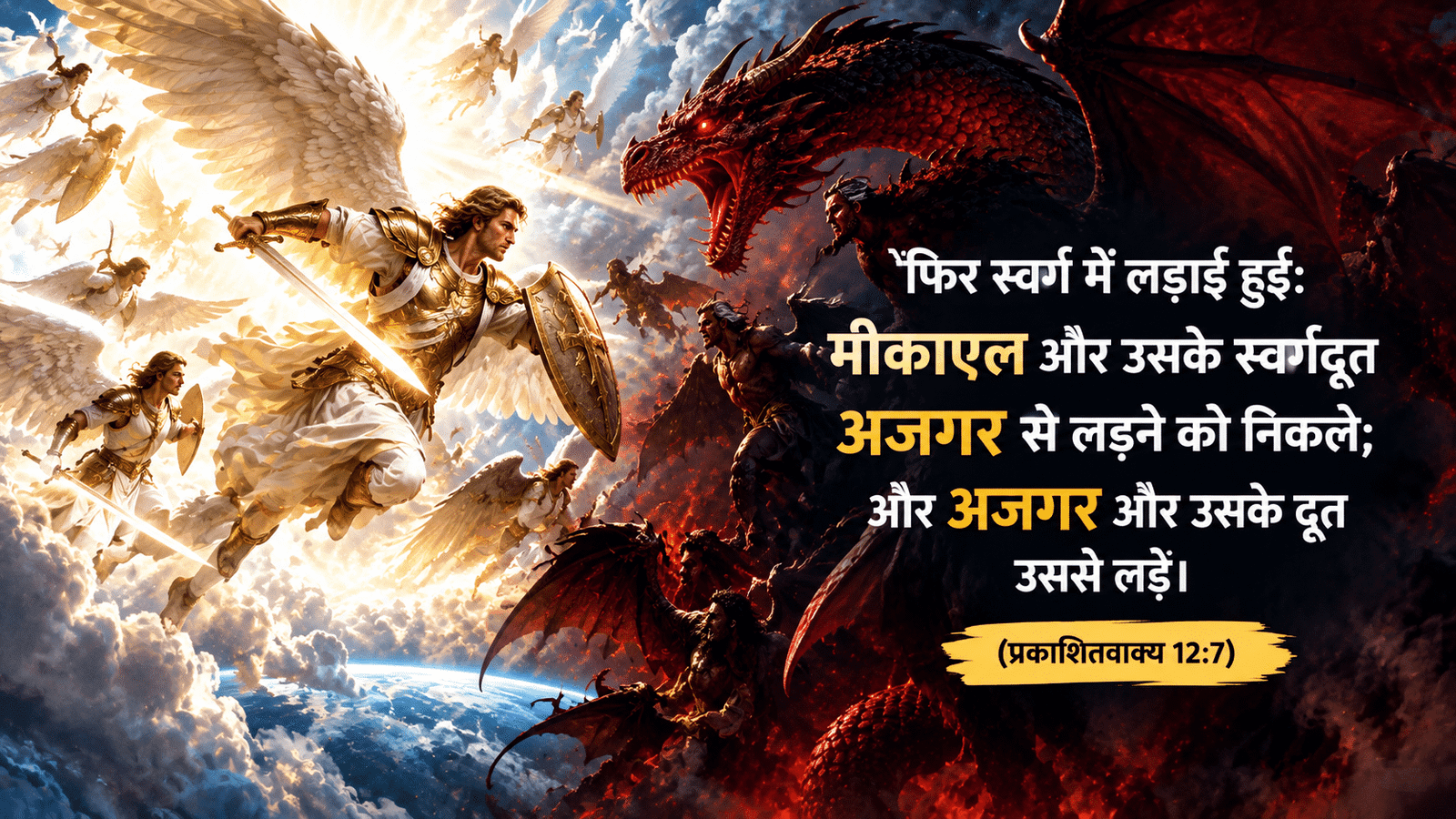 Revelation 12:7-9 प्रकाशितवाक्य 12:7-9, स्वर्ग में युद्ध, War in Heaven Hindi, Michael and the Dragon, Shaitan ka Patan, दिन 22 देवोशनल हिन्दी
